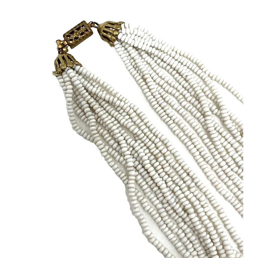 Vintage White Seed Bead Choker Necklace Multi Strand Statement Box Clasp 16
